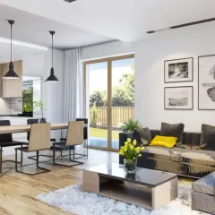 Nowoczesne wnętrze z kuchnią i salonem, idealne na 100 metrów kwadratowych. Jasne drewno, szara sofa i żółte akcenty.