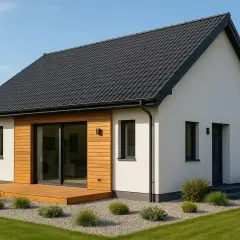 Nowoczesny dom parterowy 80m2 z drewnianym tarasem i dużymi oknami. Zastanawiasz się, ile kosztuje budowa domu parterowego 80m2?