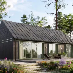 Nowoczesny dom 90m2 z dużymi przeszkleniami i tarasem, otoczony lasem. Poznaj koszt budowy domu 90m2 pod klucz.