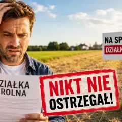 Zdezorientowany mężczyzna trzyma dokument "Działka rolna", obok znak "Na sprzedaż działka rolna". Zastanawia się nad rodzajami działek.