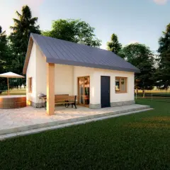 Domek murowany 35m2 koszt budowy: przytulny domek z tarasem, jacuzzi i grillem, otoczony zielenią.
