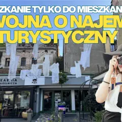 Kobieta z aparatem na tle kamienicy i piekarni. Napisy sugerują debatę o **najem krótkoterminowy** vs. mieszkania dla mieszkańców.