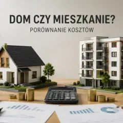 Porównanie kosztów: dom czy mieszkanie? Modele budynków, kalkulator, monety i wykresy sugerują analizę finansową.