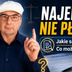Mężczyzna w białej czapce i okularach wskazuje palcem na napis "NAJEMCA NIE PŁACI?". Obok umowa najmu i mały domek.