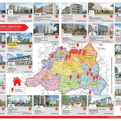 Mapa inwestycji z informacją, ile miejsc parkingowych na mieszkanie oferują deweloperzy w powiecie piaseczyńskim i okolicach.
