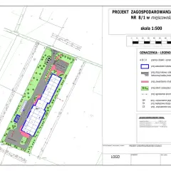 Projekt zagospodarowania działki nr 8/1, skala 1:500. Widok obejmuje teren z drogami, parkingiem, zielenią i projektowaną zabudową. Pzt co to? To plan terenu.