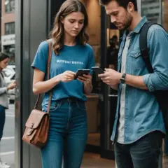 Para jak wynająć mieszkanie, przegląda oferty na telefonach. W tle kobieta też szuka czegoś w smartfonie.