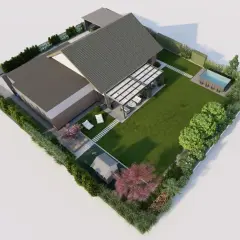 Nowoczesny projekt ogrodu z basenem i pergolą. Zastanawiasz się, ile kosztuje projekt ogrodu? Sprawdź wizualizację!