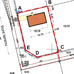 Plan działki z zaznaczonym budynkiem. Określa, kto może wystąpić o warunki zabudowy dla tej nieruchomości.