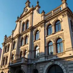 Elegancki budynek z ryzalitem, ozdobiony łukowymi oknami i balkonem, lśni w słońcu.