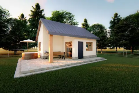 Domek murowany 35m2 koszt budowy: przytulny domek z tarasem, jacuzzi i grillem, otoczony zielenią.