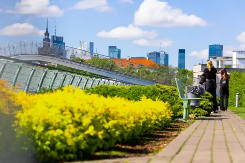 Dwie dziewczyny patrzą na panoramę Warszawy, zastanawiając się nad cenami wynajmu mieszkań w stolicy.