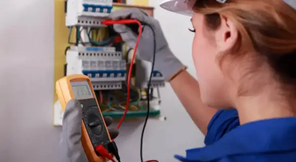 Elektryk wykonuje pomiary elektryczne. Sprawdza napięcie multimetrem. Zobacz pomiary elektryczne cennik.