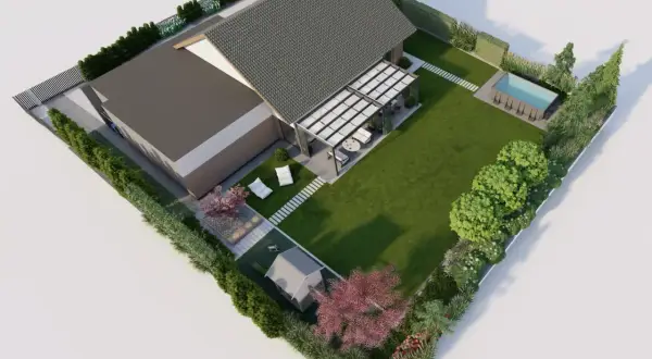 Nowoczesny projekt ogrodu z basenem i pergolą. Zastanawiasz się, ile kosztuje projekt ogrodu? Sprawdź wizualizację!