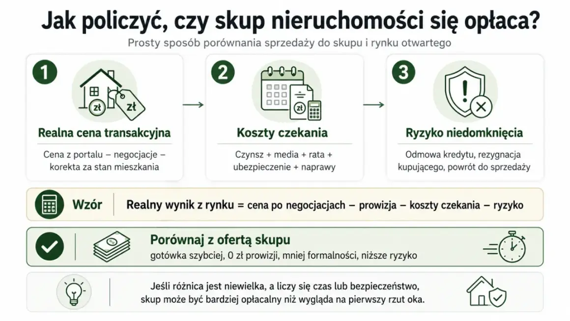 Schemat porównuje sprzedaż nieruchomości na rynku otwartym ze skupem. Analizuje cenę transakcyjną, koszty czekania i ryzyko. Porównanie z ofertą skupu pokazuje, że może być opłacalne przy pierwszym mieszkaniu.