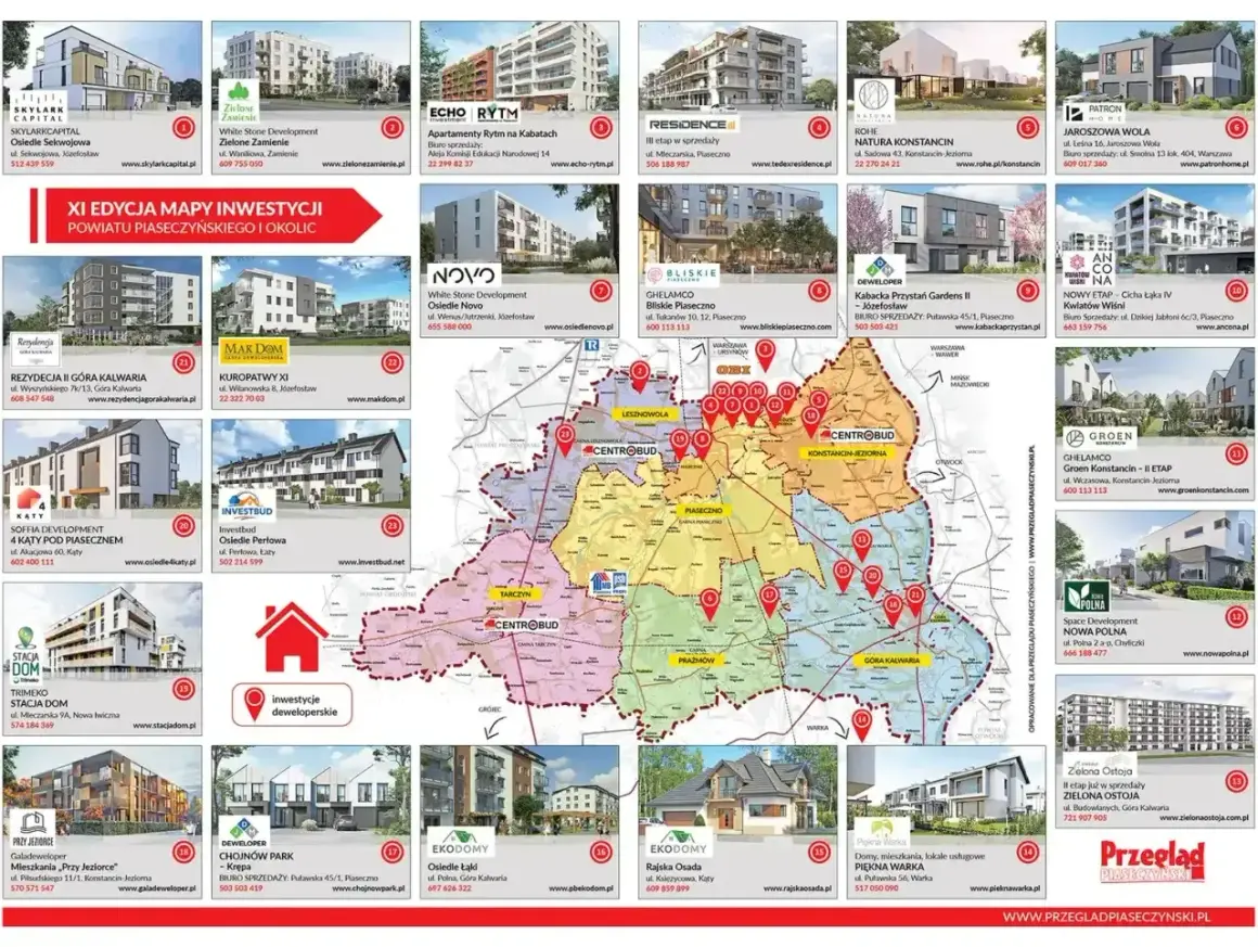 Mapa inwestycji z informacją, ile miejsc parkingowych na mieszkanie oferują deweloperzy w powiecie piaseczyńskim i okolicach.