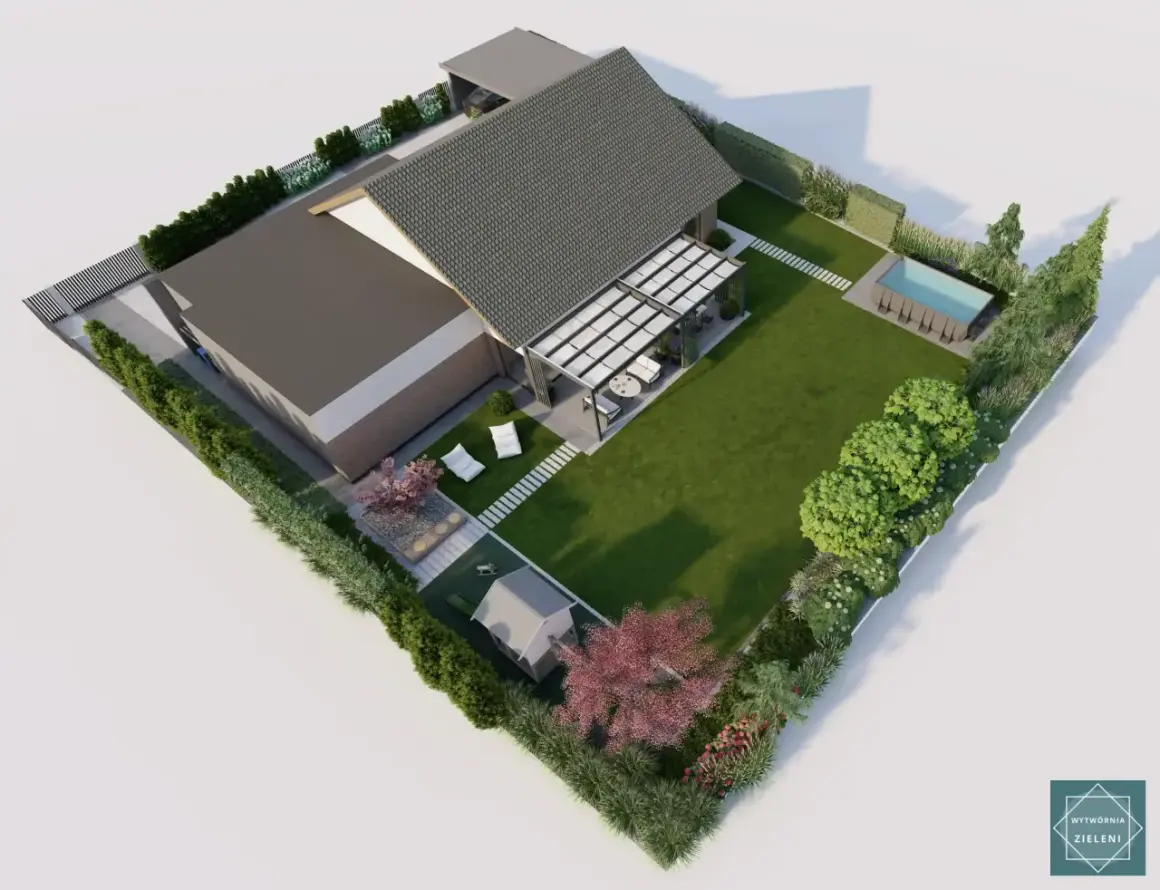 Nowoczesny projekt ogrodu z basenem i pergolą. Zastanawiasz się, ile kosztuje projekt ogrodu? Sprawdź wizualizację!