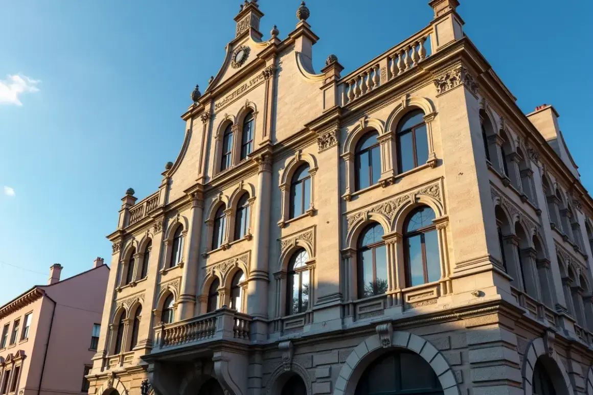 Elegancki budynek z ryzalitem, ozdobiony łukowymi oknami i balkonem, lśni w słońcu.