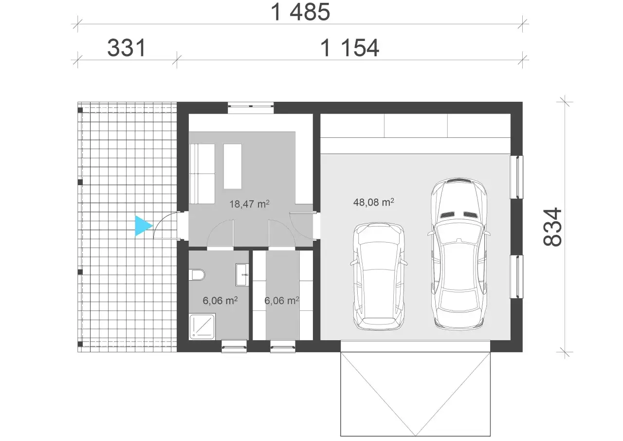Rzut garażu dwustanowiskowego o wymiarach 8,34 m x 14,85 m, z miejscem na dwa samochody (48,08 m²), pomieszczeniem gospodarczym (18,47 m²) i łazienką.