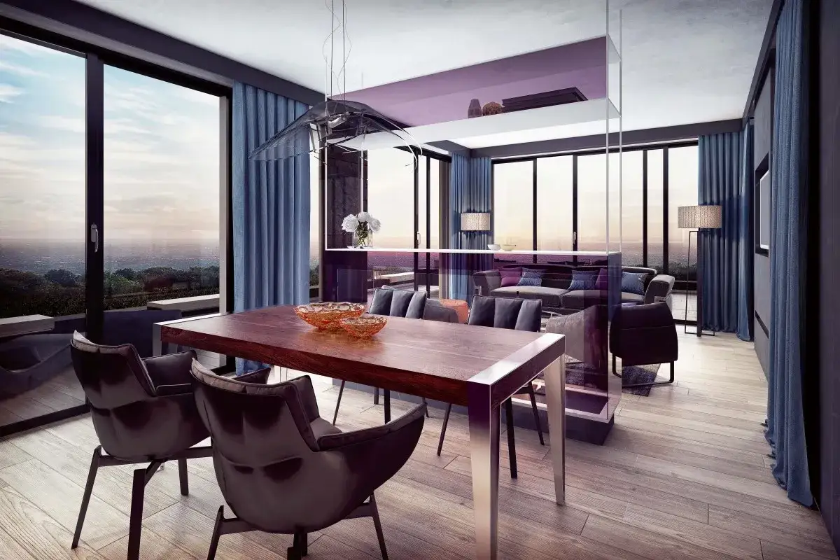 Nowoczesny condo hotel z widokiem na morze. Jadalnia z drewnianym stołem i skórzanymi krzesłami, salon z sofą.