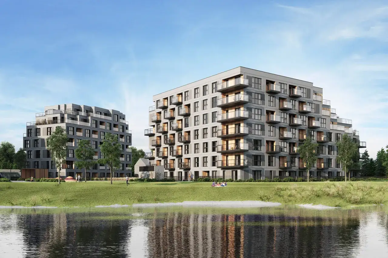 Nowoczesne apartamentowce nad jeziorem. Marzysz, jak zostać deweloperem? Zacznij od wizualizacji takich projektów.
