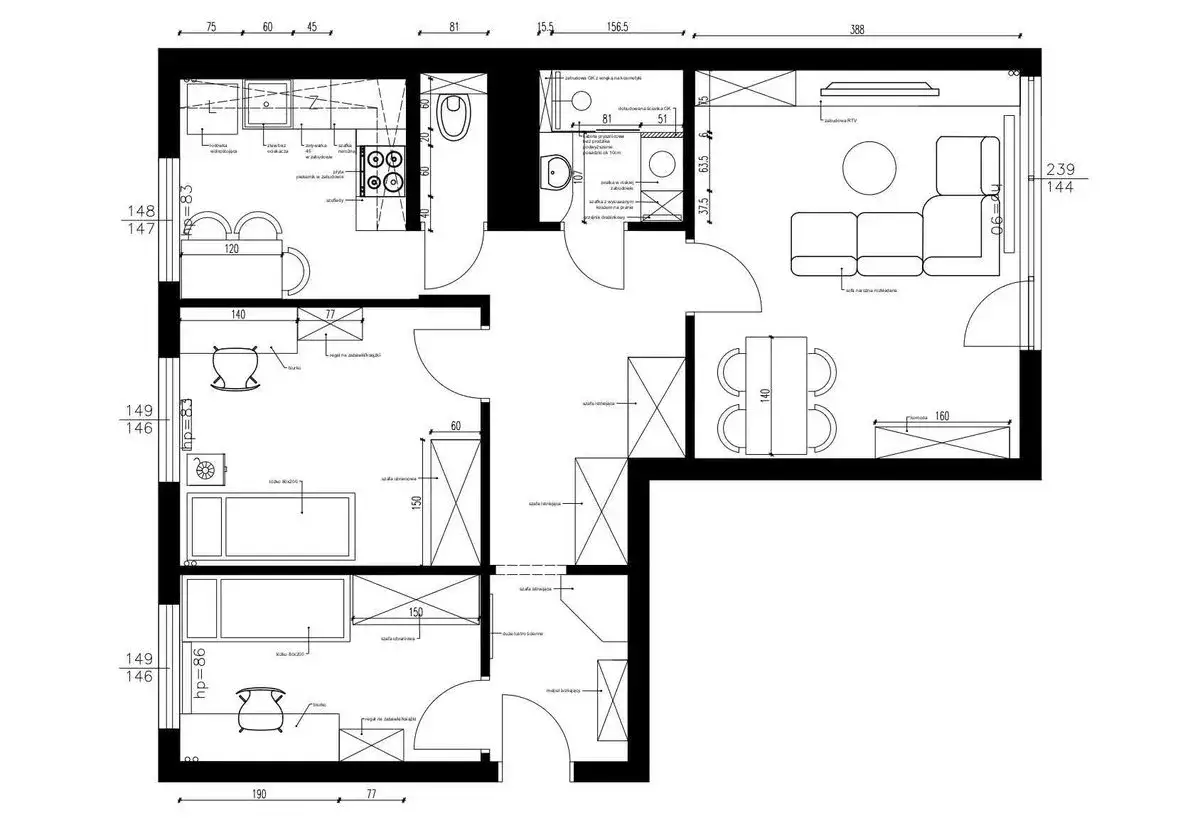 Rzut mieszkania z kuchnią, salonem, jadalnią i sypialniami. Deweloper kto to? Ten plan to wizja architekta.