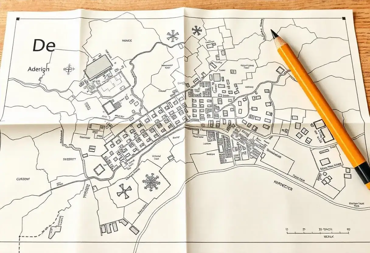 Mapa do celów projektowych przedstawia szczegółowy plan miasta Aderigh z zaznaczonymi budynkami i drogami.