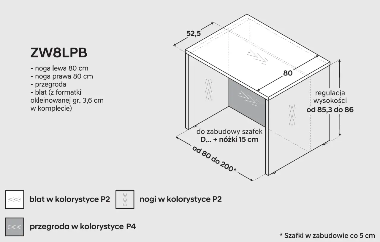 Wymiary wyspy kuchennej: blat 80x52,5 cm, regulacja wysokości 85,3-86 cm. Zestaw zawiera nogi i przegrodę.