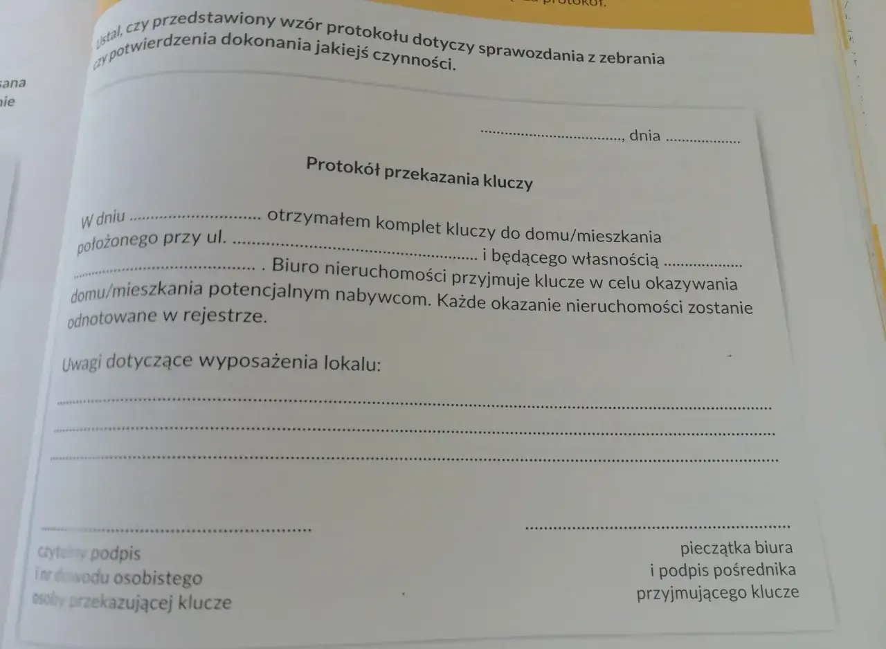 Protokół przekazania kluczy do domu/mieszkania. Dokument dotyczy przekazania lokalu, np. w ramach umowy najmu lub sprzedaży, gdzie mieszkanie za odstępne jest przedmiotem transakcji.