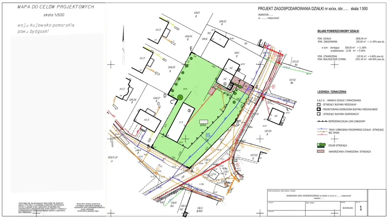 Mapa do celów projektowych, skala 1:500, woj. kujawsko-pomorskie, pow. bydgoski. Pokaż pzt co to? Działki z zabudową, zielenią i utwardzeniami.