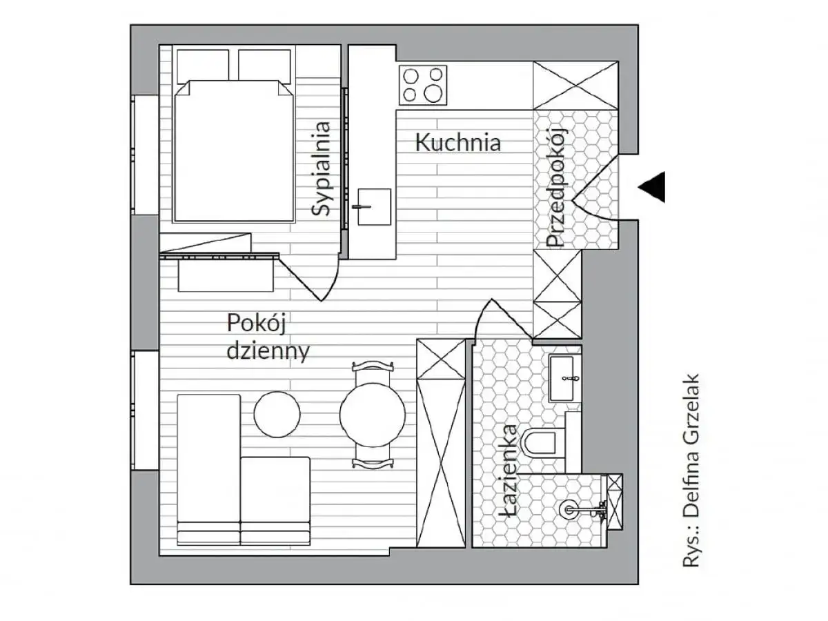Plan mieszkania: pokój dzienny, sypialnia, kuchnia, łazienka. Optymalne wykorzystanie przestrzeni, idealne dla osób ceniących minimalna powierzchnia mieszkania.
