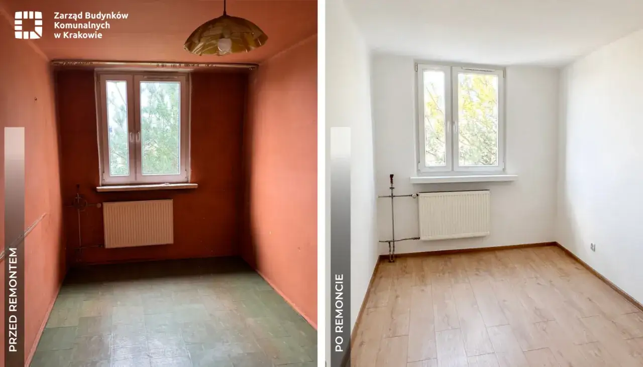 Przed i po remoncie mieszkania komunalnego w Krakowie. Pomarańczowe ściany i zniszczona podłoga zamienione na jasne, czyste wnętrze z nową podłogą.