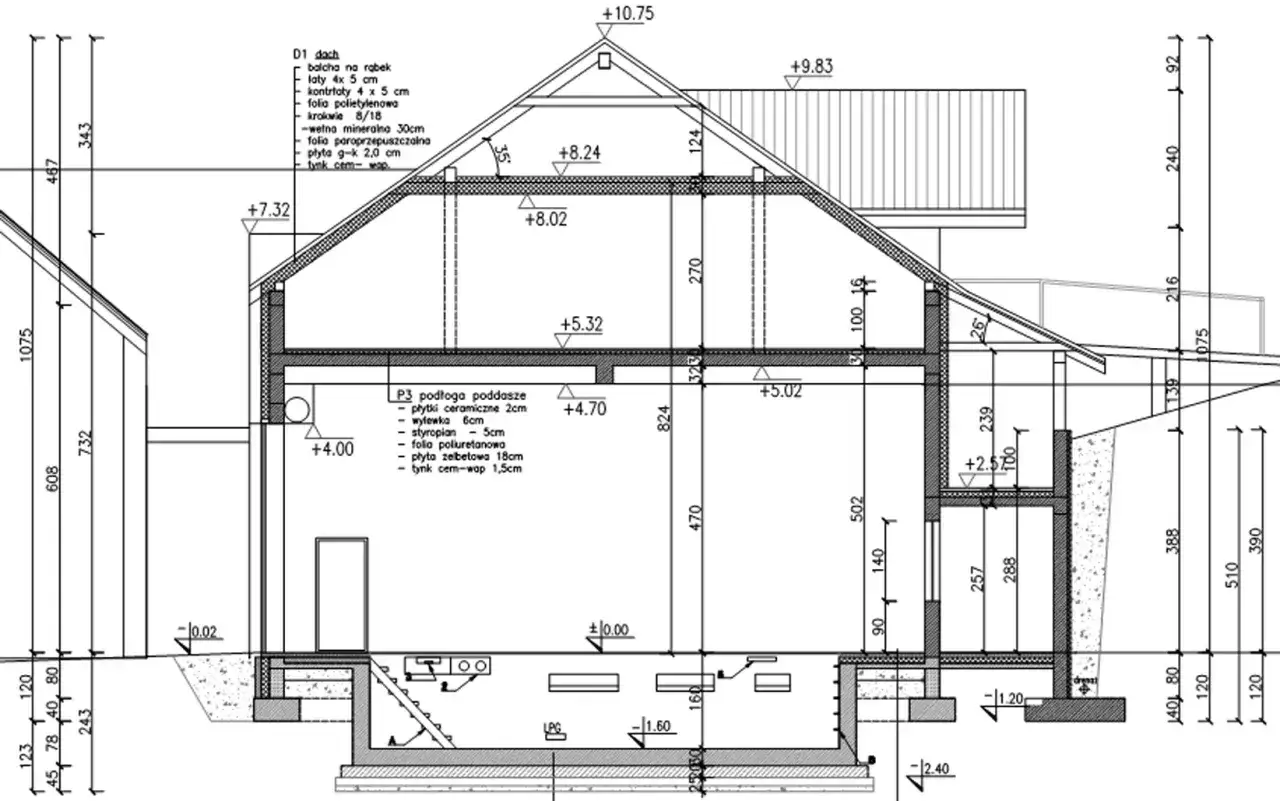 Przekrój budynku z zaznaczonymi wymiarami, pokazujący standardową wysokość mieszkania i detale konstrukcyjne.