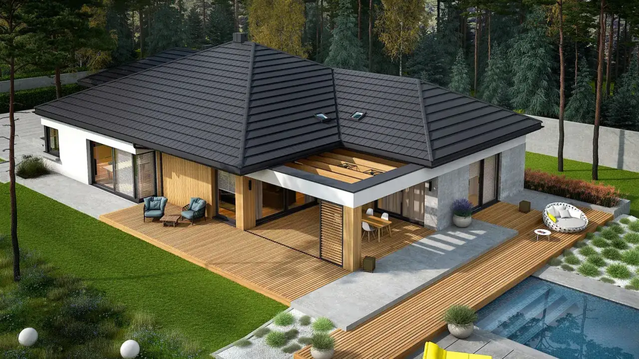 Nowoczesny bungalow z basenem i tarasem, idealny do relaksu. To jest właśnie bungalow co to znaczy - dom parterowy z przestronnym wnętrzem.