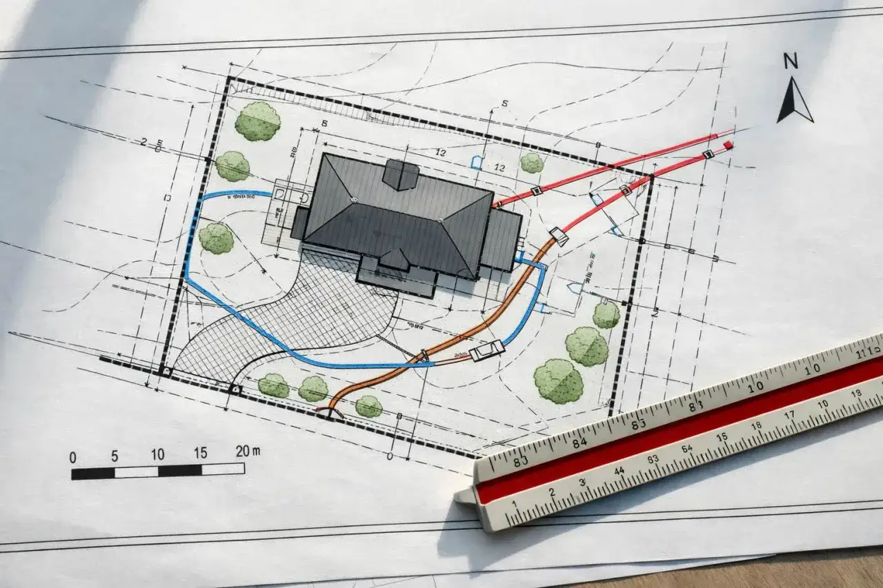 Projekt domu z zaznaczonymi przyłączami i skalówką. Zastanawiasz się, ile kosztuje adaptacja projektu? Ten plan to pierwszy krok.