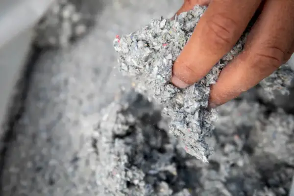 Dłoń trzyma kłębek szarej, włóknistej masy. To celuloza, materiał izolacyjny z recyklingu.