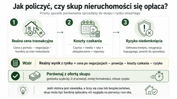 Schemat porównuje sprzedaż nieruchomości na rynku otwartym ze skupem. Analizuje cenę transakcyjną, koszty czekania i ryzyko. Porównanie z ofertą skupu pokazuje, że może być opłacalne przy pierwszym mieszkaniu.