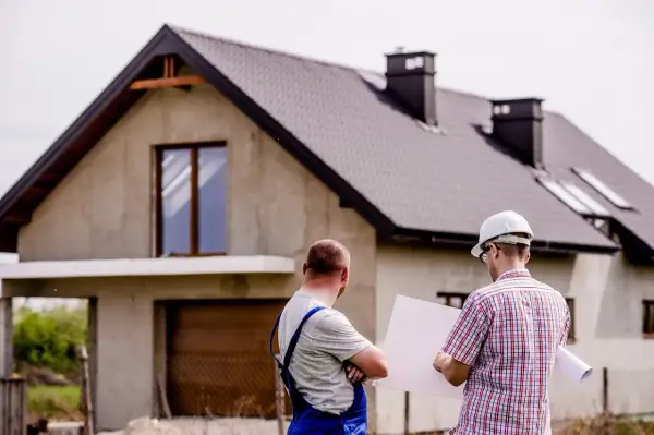Dwóch mężczyzn omawia plany domu w budowie. Jeden z nich, w kasku, trzyma projekt. To może być kluczowe dla uzyskania kredytu deweloperskiego.