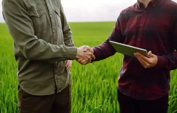 Dwóch rolników na polu omawia umowę dzierżawy gruntu. Ustalają, kto płaci podatek od dzierżawy gruntu.