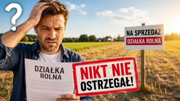 Zdezorientowany mężczyzna trzyma dokument "Działka rolna", obok znak "Na sprzedaż działka rolna". Zastanawia się nad rodzajami działek.