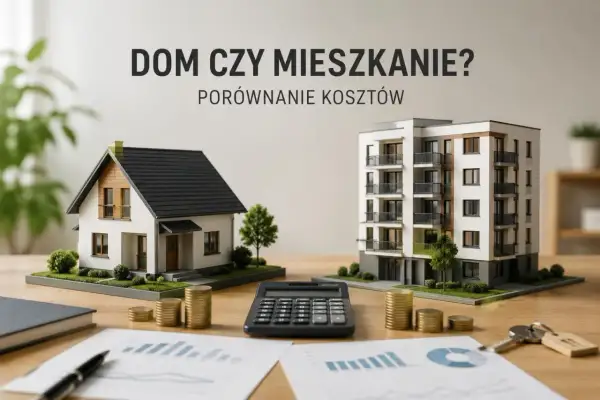Porównanie kosztów: dom czy mieszkanie? Modele budynków, kalkulator, monety i wykresy sugerują analizę finansową.