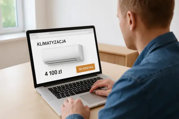 Mężczyzna sprawdza na laptopie montaż klimatyzacji cena 4100 zł.