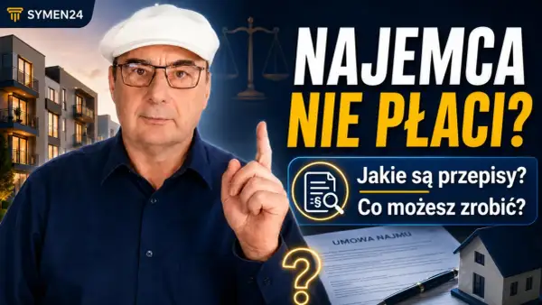 Mężczyzna w białej czapce i okularach wskazuje palcem na napis "NAJEMCA NIE PŁACI?". Obok umowa najmu i mały domek.