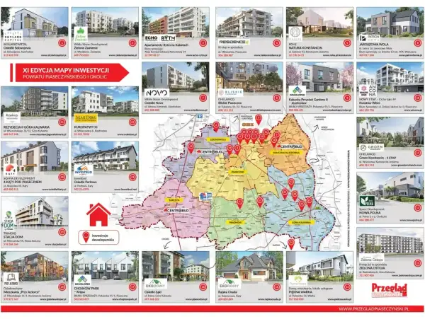 Mapa inwestycji z informacją, ile miejsc parkingowych na mieszkanie oferują deweloperzy w powiecie piaseczyńskim i okolicach.
