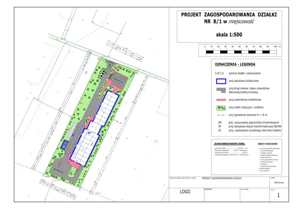 Projekt zagospodarowania działki nr 8/1, skala 1:500. Widok obejmuje teren z drogami, parkingiem, zielenią i projektowaną zabudową. Pzt co to? To plan terenu.