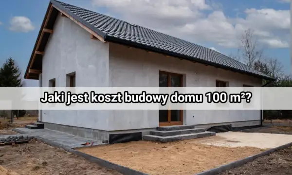 Dom w trakcie budowy, szary tynk, ciemny dach. Napis: "Jaki jest koszt budowy domu 100 m²?".
