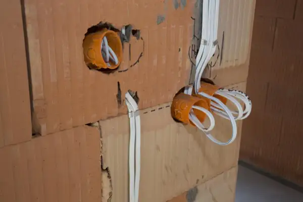 Instalacja elektryczna w trakcie budowy. Widoczne puszki instalacyjne i przewody. Sprawdź nasz cennik usług elektrycznych.